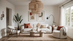 Modern boho lighting in a neutral living room
