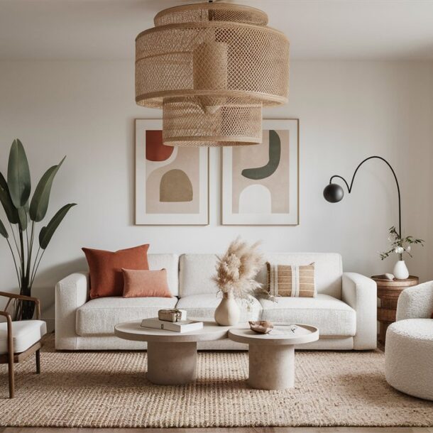 Modern boho lighting in a neutral living room