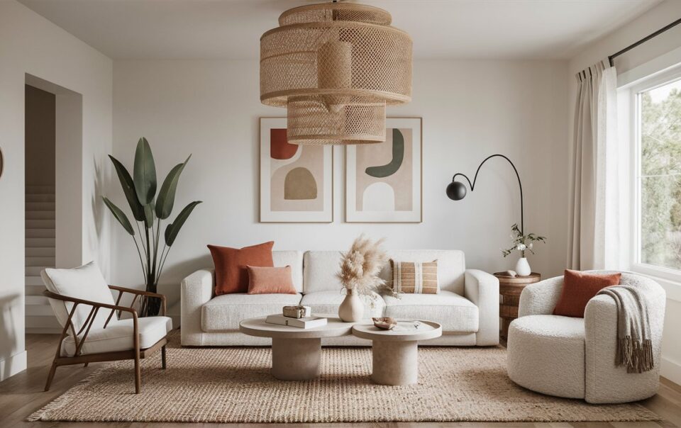 Modern boho lighting in a neutral living room