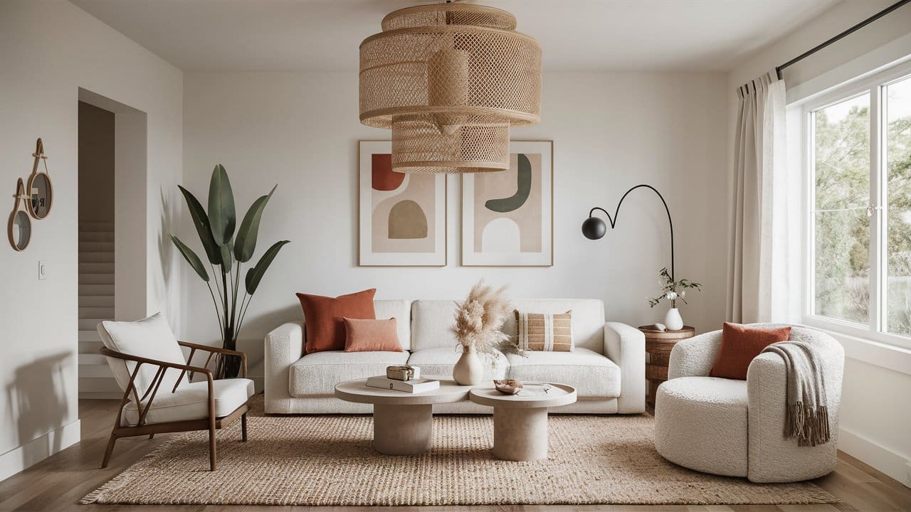 Modern boho lighting in a neutral living room