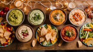 A wooden table with bowls of dips, including guacamole, salsa, and hummus made from easy dip recipes, surrounded by plates of tortilla chips and sliced vegetables. Warm string lights decorate the scene, creating a festive atmosphere.