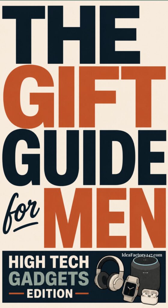 Text reads: The Gift Guide for Men: High Tech Gadgets Edition. Discover the ultimate tech gifts with images of headphones, earbuds, a smartwatch, and a gadget case featured below.