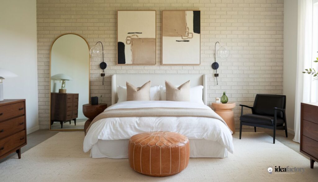 Neutral bedroom decor ideas with abstract art from the Idea Factory 247.