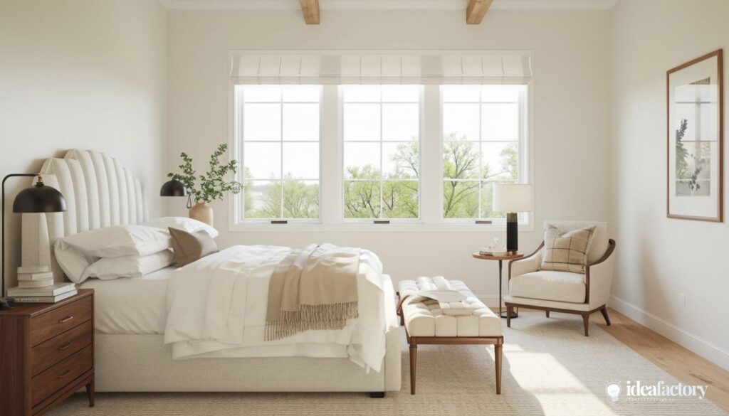 White bright minimal bedroom that's decluttered and inviting.