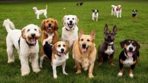 A group of eight happy dogs of various dog breeds sits and stands on green grass, with more dogs playing and running in the background. The dogs are outdoors on a sunny day, enjoying an active lifestyle together.