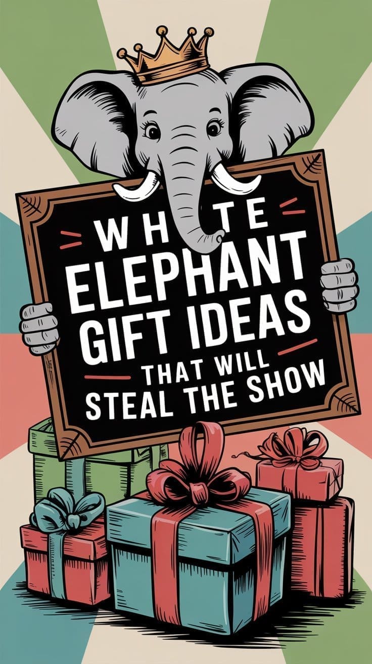 An illustrated elephant wearing a crown holds a sign reading, White Elephant Gifts That Will Steal the Show, above colorful wrapped presents on a starburst background.