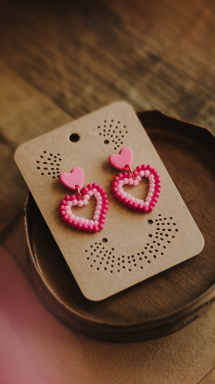 Delicate homemade heart-shaped earrings made with red and pink beads, displayed on a handmade jewelry card.

Why They Sell: Jewelry is a classic Valentine’s Day gift, and heart-themed accessories are perfect for the occasion. Such a fun Valentine craft to make!