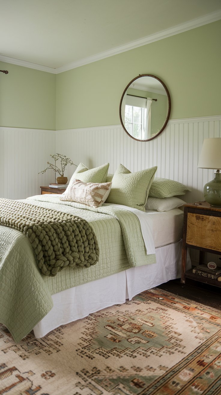 A bedroom painted in soft celadon green with white beadboard paneling along the lower walls. The bed features quilted linens in celadon and white, with earthy textured throw pillows and a chunky knit throw blanket in dark celadon green. Above the bed is a round vintage mirror and next to the bed, an antique wood nightstand holds a lamp with a ceramic green base. A soft vintage rug in shades of cream and celadon covers the floor.