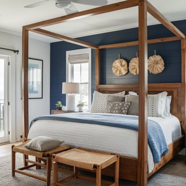 Navy blue bedroom refresh with gray accents