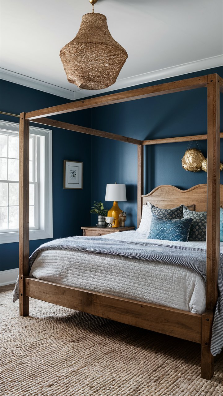 We love this modern traditional blue gray bedroom, don't you?  With the modern woven light fixture to the dark blue gray walls and neutral bedding, this is one of the perfect blue bedrooms idea For couples.  The dreamy blue gray bedroom rug, to the modern luxury bedroom feel, this master suite / main bedroom is just the tip of the iceberg!  See more blue gray and navy blue bedroom ideas on our blog.