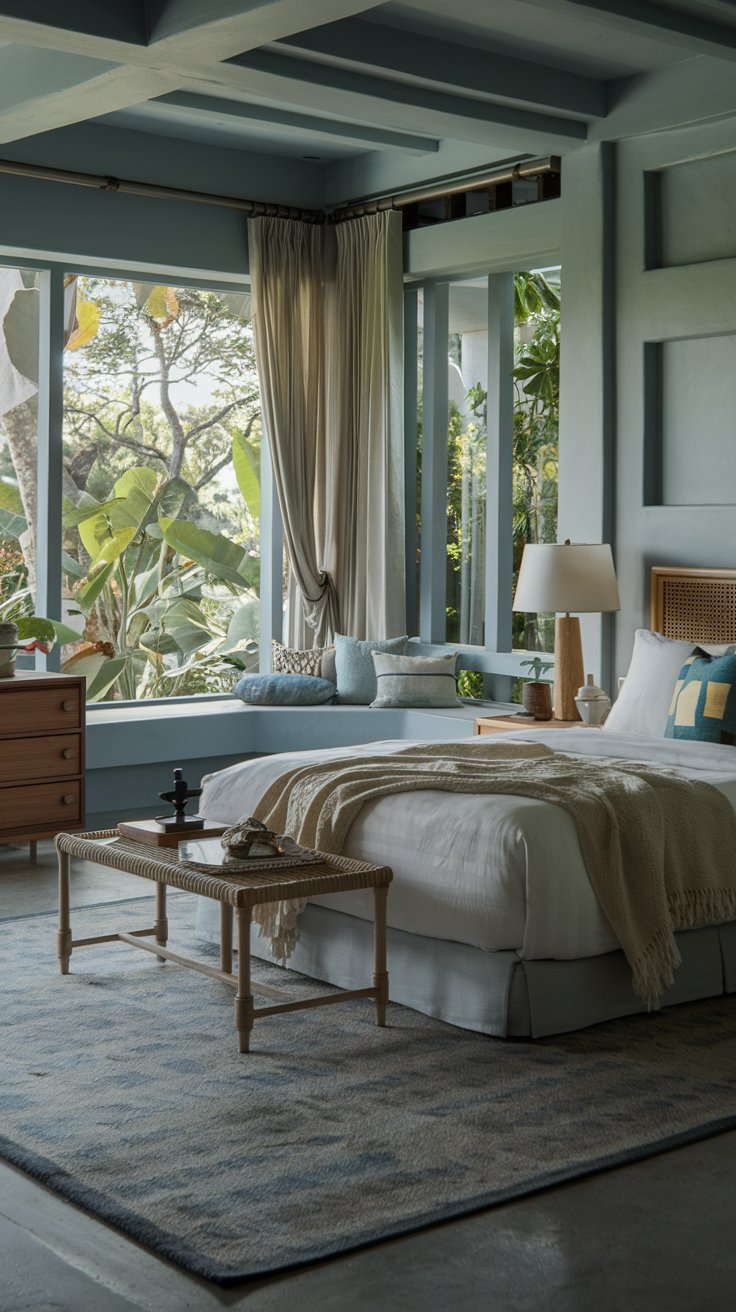 This bedroom is a perfect example of nature-inspired blue-gray decor. The calm shades create a serene vibe that makes you want to relax and unwind. With cozy textures and a touch of greenery, it feels inviting and fresh.

Visit our blog to see the full list of 50 shades of blue gray bedroom design ideas, including this dreamy retreat!