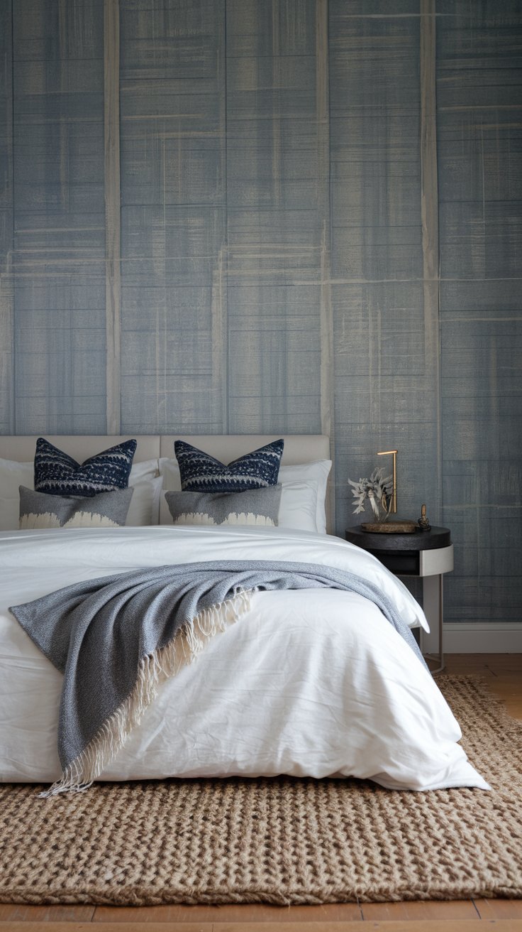 This bedroom design features a stunning blue-gray palette, creating a calm and inviting atmosphere. The geometric / texture patterns on the walls add a modern touch, making the space feel both stylish and cozy. Accents like the white bedding and blue and gray accent decor pieces tie everything together beautifully.

This is just one of 50 blue gray bedroom design ideas you'll find on our website, so be sure to click on the image to see more.