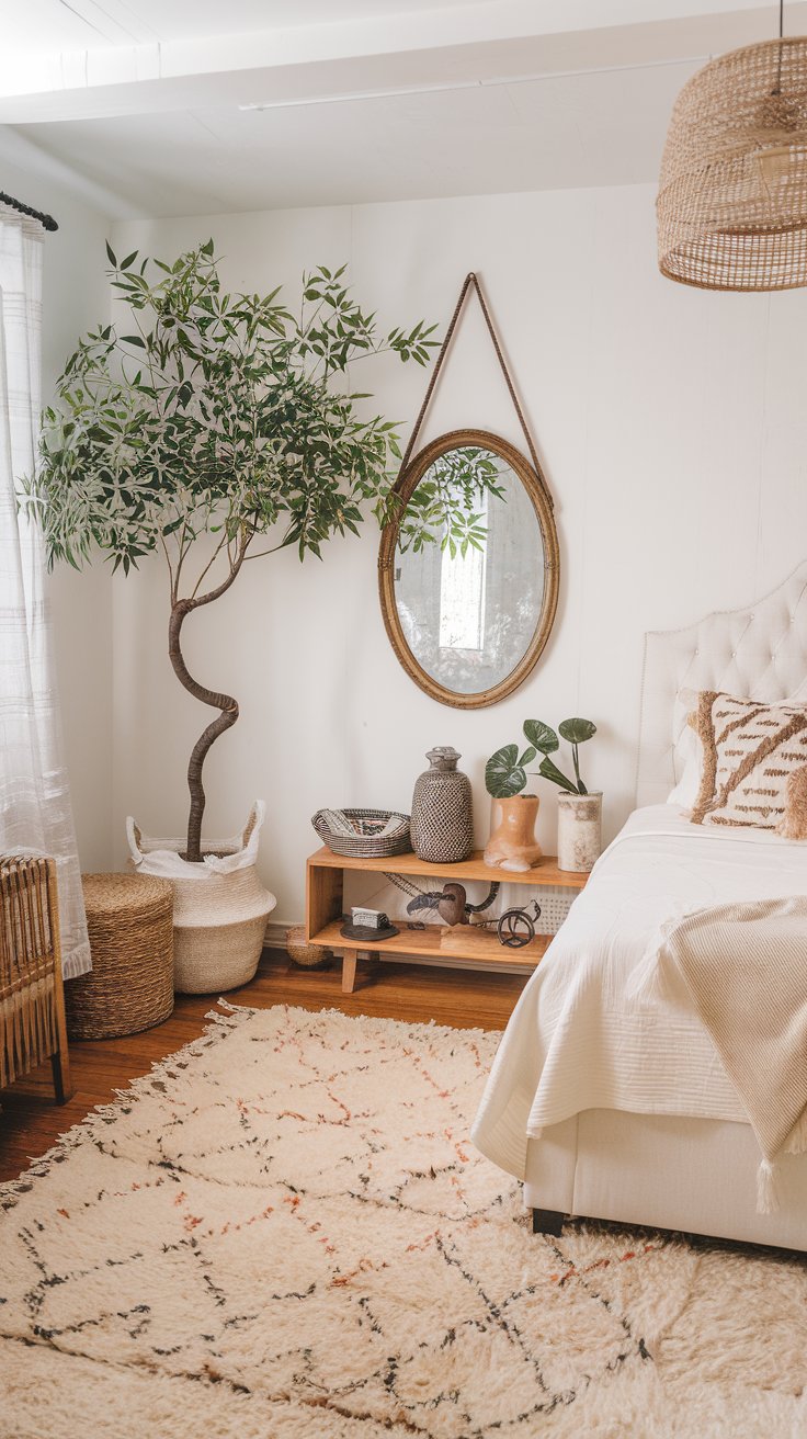 Usually when you think "boho bedroom" you think about a more colorful room. But if you love the whites and neutrals, you can see that this all works beautifully in this boho bedroom in white. Ideal if you are looking for beige and white Bedroom Ideas, creamy white bedroom decor, and neutral white bedroom ideas. Also if you'd like white bedroom walls, white bedroom interior, warm white bedroom ideas, and bedroom inspirations white.