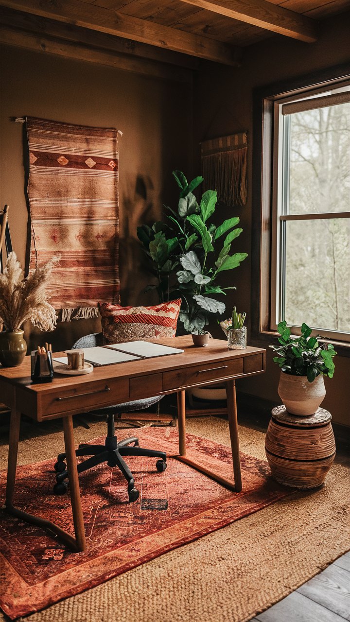 A boho office with layered rugs in rich, earthy tones. A large jute rug forms the base, topped with a smaller vintage-style kilim in warm reds and oranges. The layers add warmth and texture, creating a grounded, inviting atmosphere under a natural wood desk.

boho office room, boho office space workspaces, boho office decor, boho office ideas, boho office space, boho office desk