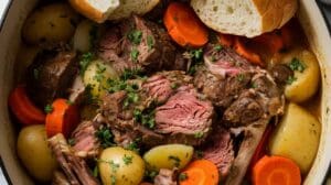 A pot roast inspired by Irish Stew Recipe flavors, with chunks of tender beef, baby potatoes, sliced carrots, fresh herbs, and slices of bread on the side.