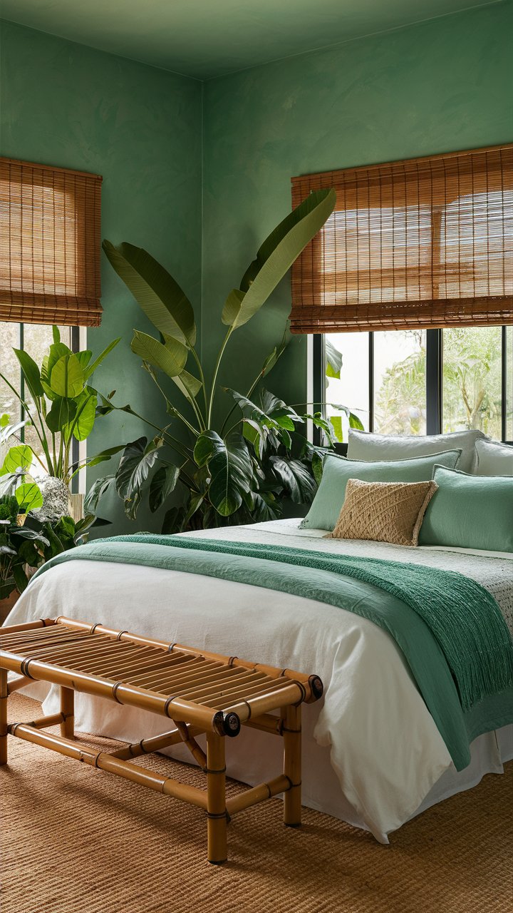 Walls in a soft jade green bring a calming energy to the bedroom. The bed is dressed in white and jade linens, accented with a bamboo bench at the foot. Large potted plants and bamboo blinds complete the natural look.