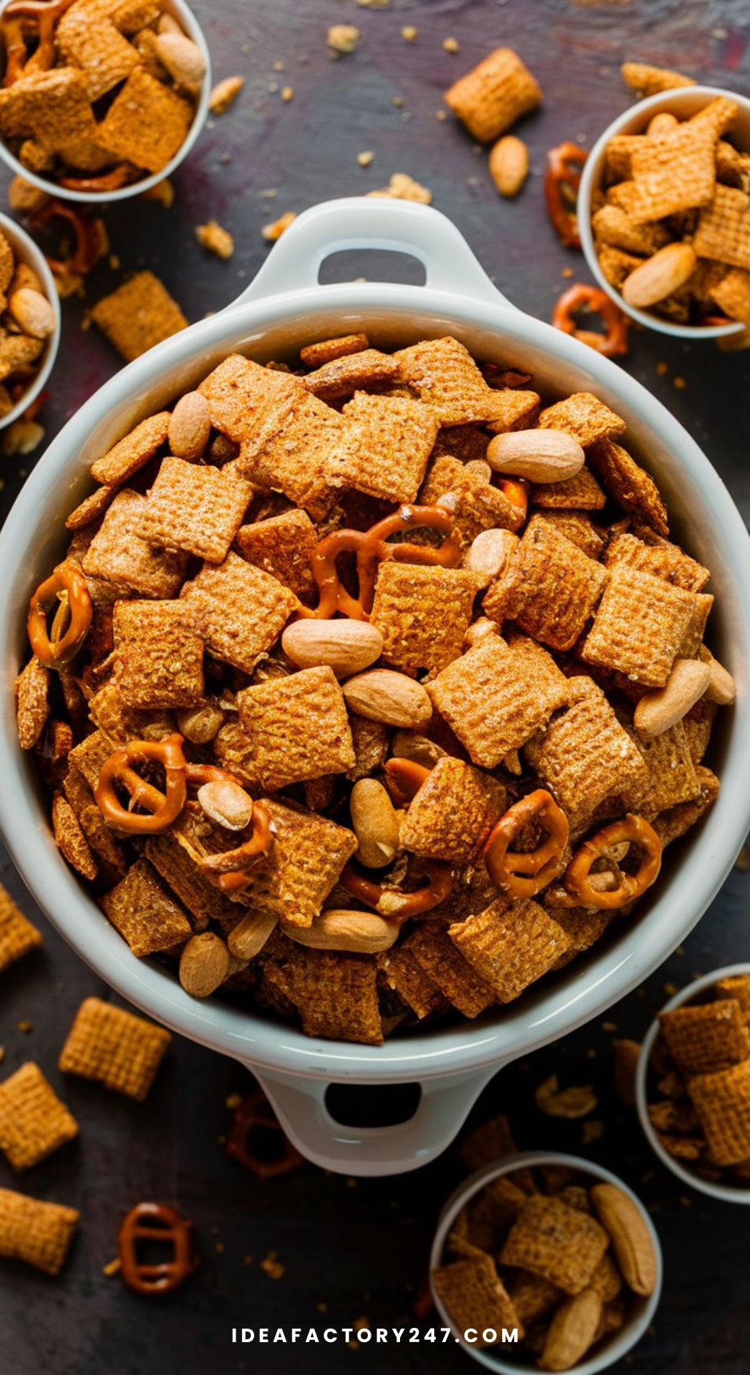 A crockpot full of golden Chex mix, studded with peanuts and pretzels, served in small festive cups for easy snacking.