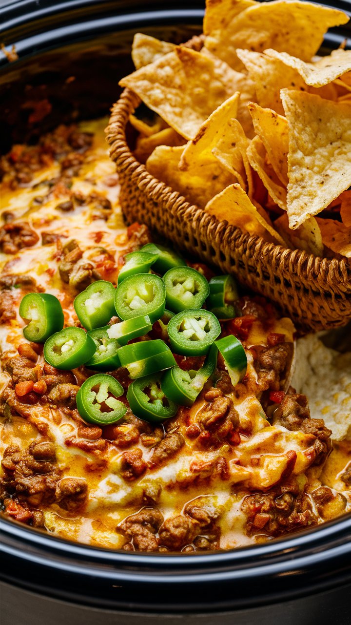 A crockpot of creamy chili cheese dip, topped with diced jalapeños and served with tortilla chips in a rustic basket.