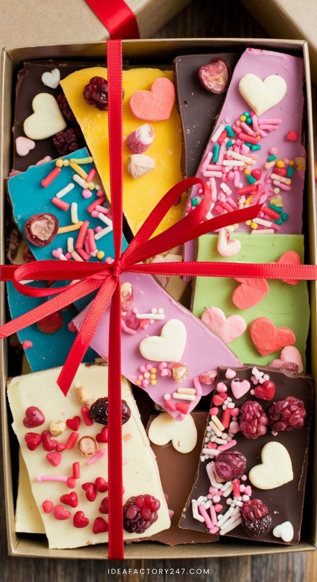 A tray of colorful chocolate bark pieces topped with heart-shaped sprinkles, nuts, and dried fruit, arranged in a gift box tied with a red ribbon.