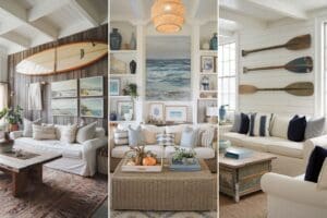 Three coastal-themed living rooms embrace nautical living room themes with neutral sofas, blue and beige accents, seaside decorating styles, beach-inspired artwork, and natural woven elements like rugs and baskets.