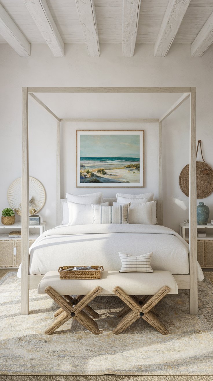 Dreamy coastal inspired white bedroom!  Having a beachy bedroom design doesn't mean that you have to use lots of blues. In this example, there are a few very minor pops of blue tones in the artwork and the lamp, but the rest of this stunning bedroom is just creamy tones of white. This is perfect if you are looking for white bedroom ideas, white bedroom decor, white bedroom interior, cozy white Bedroom Ideas, White And Beige Bedroom Ideas, White And Neutral Bedroom, and blue and white bedroom ideas.