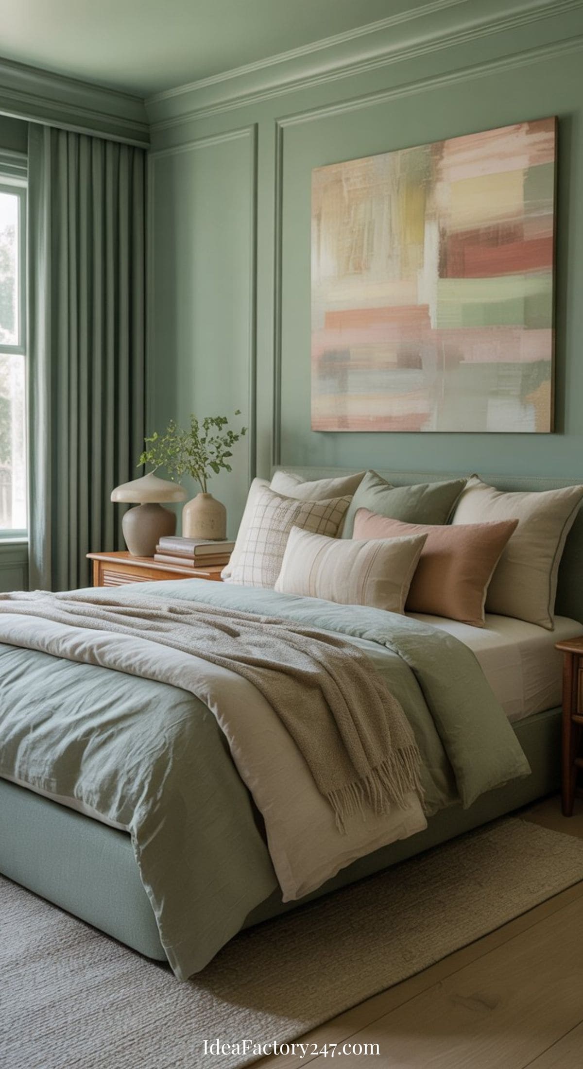 A serene sage green bedroom with green walls, a large abstract painting above the bed, neatly arranged pastel pillows and blankets, wooden nightstands with vases and books, and sunlight streaming through a window with green curtains.