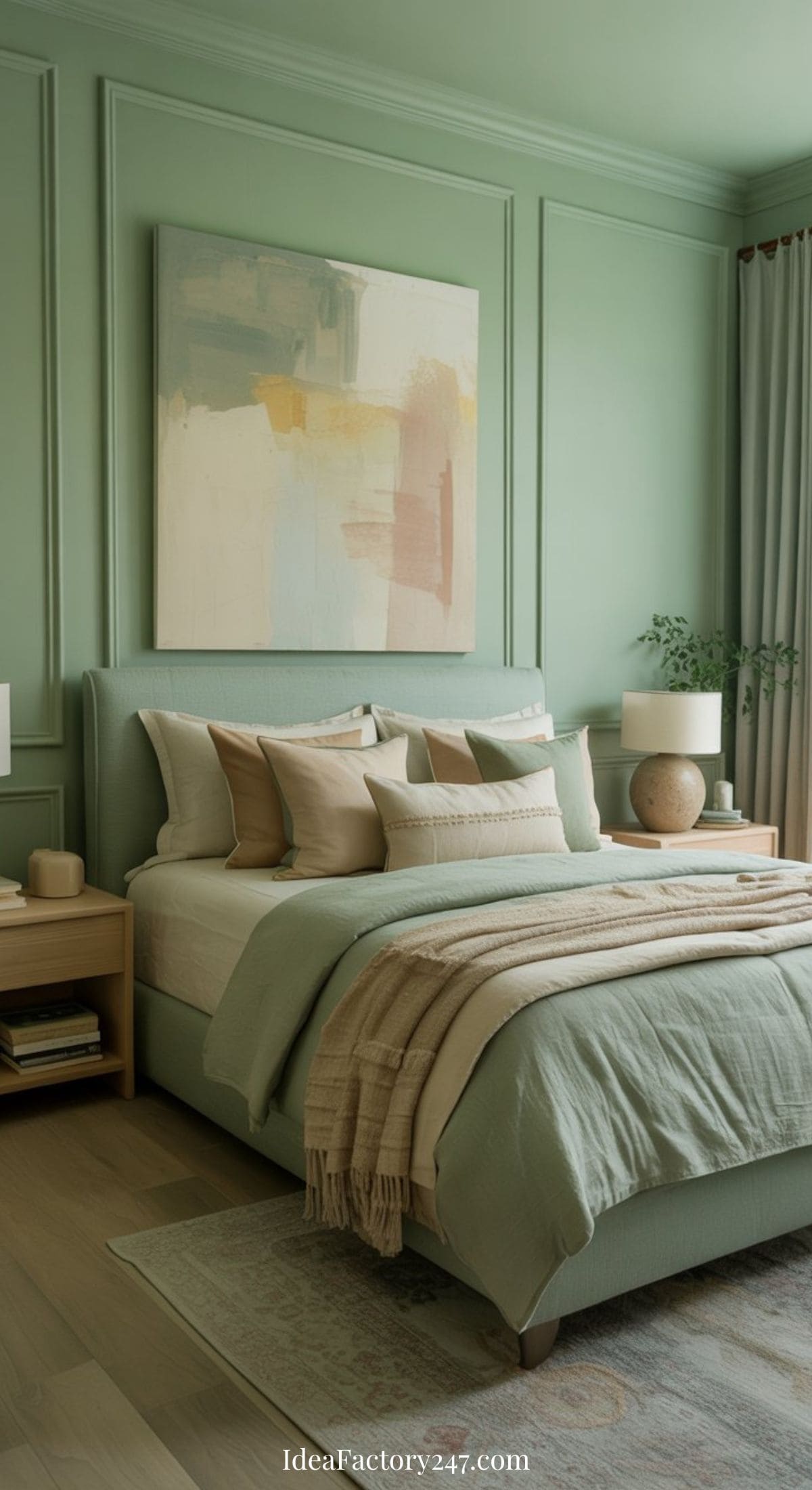 A serene sage green bedroom with matching upholstered bed, neutral bedding, taupe throw blanket, wooden nightstand, ceramic lamp, potted plant, and abstract art above the bed.