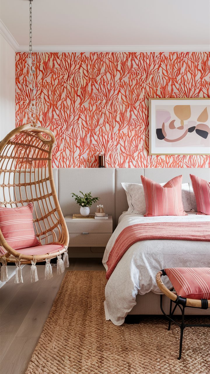 A vibrant coral bedroom with a bold accent wall that pops against neutral furniture and bedding. A rattan hanging chair adds boho charm, while coral-striped cushions and a soft beige rug bring in warmth. Hanging ferns in the corner add a fresh, natural touch.

Orange bedroom, coral orange wallpaper, orange accent wall, orange and pink bedroom, orange bedroom aesthetic