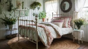 A cozy bedroom with a vintage iron bed, floral bedding with pink ruffles, and many plants—sunlight filters through lace curtains. Botanical art on white paneled walls completes this fresh space, perfect for cottagecore bedroom ideas.
