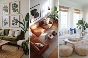 Three living rooms: one with a green sofa and botanical art, one with brown leather sofas and abstract prints, and a small living room featuring a white sofa, light wood accents, large windows, and clever storage ideas for small living rooms.