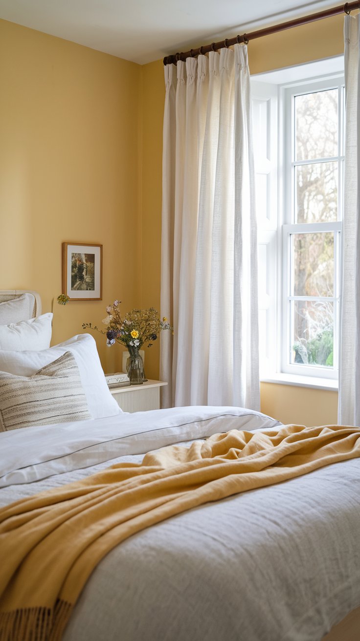 A cozy bedroom with butter yellow walls and white linen curtains framing a sunny window. The bed is dressed in white linens with a light yellow throw, while a small vase of wildflowers adds a charming touch on the bedside table.