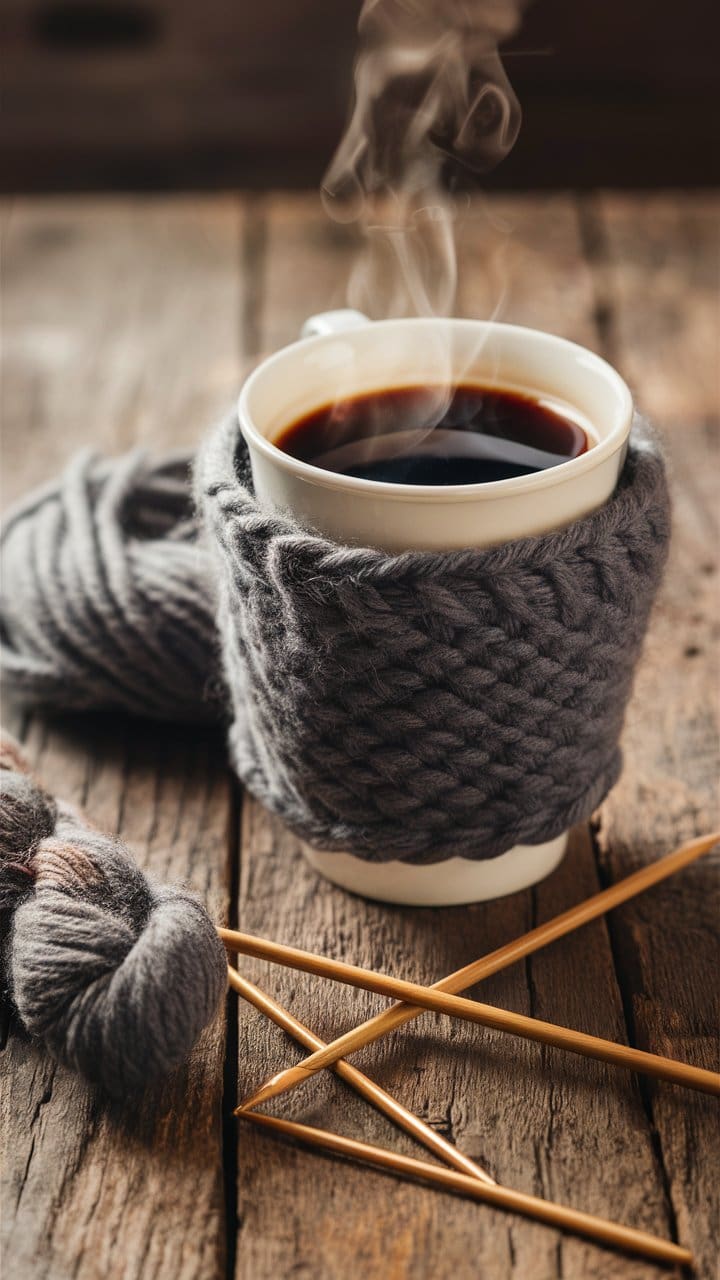 A soft, hand-knit cup cozy in a warm gray yarn, snugly wrapped around a steaming coffee cup. Nearby are knitting needles and a skein of yarn on a rustic wooden table.

This is a super easy DIY gift or you could make and sell these in online stores or your local craft fair or artists market.  People love being able to buy a homemade craft!