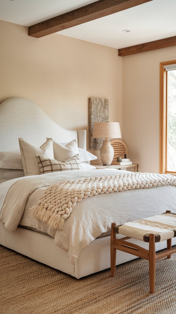 A neutral-toned bedroom with soft beige walls and an upholstered headboard in a light oatmeal color. The bed is dressed with creamy linens and a chunky knit throw. A woven area rug and wooden accents create a warm, inviting atmosphere.

Neutral cottagecore design, minimal cottagecore bedroom, cream colored walls and bedding, cozy retreat, cottage decor ideas for the bedroom.