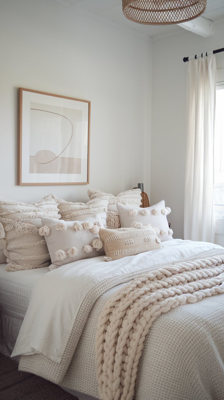 So much to look at in this cozy white bedroom!  We love all the texture, from the layered bedding to the neutral throw pillows and simple framed abstract art above the bed.  This is perfect if you are looking for white bedroom ideas, white bedroom decor, white bedroom interior, White On White Bedroom, Simple White Bedroom Ideas, White Bedroom Ideas Cozy, White And Beige Bedroom Ideas, White And Neutral Bedroom, and boho white bedroom decor.