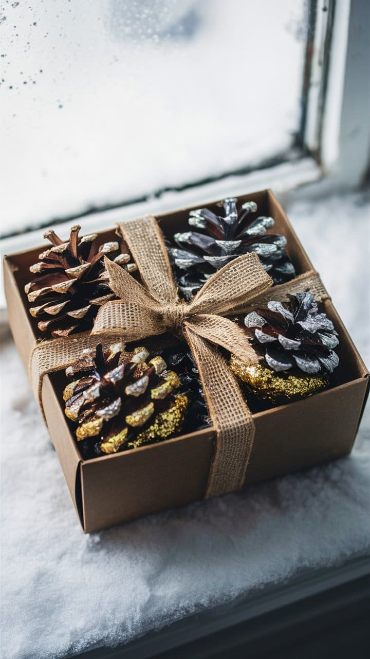 Glittery Pinecone Fire Starters in a gift box ready to sell at a craft fair or on Etsy.