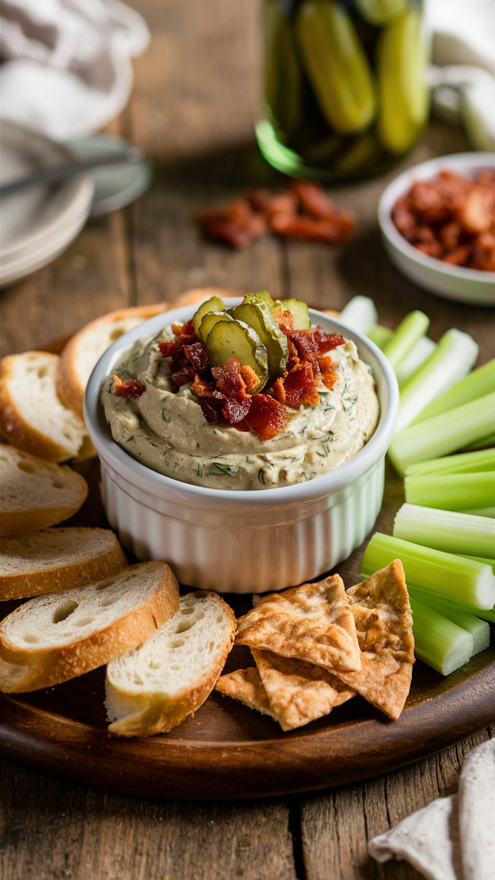 A rustic wooden table set with a small white ceramic bowl filled with creamy pickle and bacon dip. The dip is topped with a generous sprinkle of crispy bacon bits and a few finely chopped dill pickles for garnish. Surrounding the bowl are slices of toasted baguette, crispy pita chips, and fresh celery sticks arranged artfully on a round wooden serving platter. In the background, a jar of dill pickles and a small dish of crumbled bacon add context to the scene. 

Easy pickle dips, best pickle dips, football party food ideas, chip dips, cold dips and appetizers.