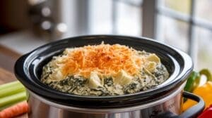 A slow cooker filled with creamy spinach and artichoke dip, topped with shredded cheese and cheese cubes, sits on a table near a window with fresh vegetables like celery and carrots in the background.