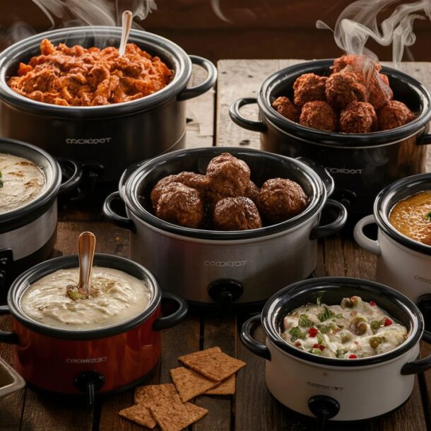 An assortment of crockpots filled with delicious appetizers.