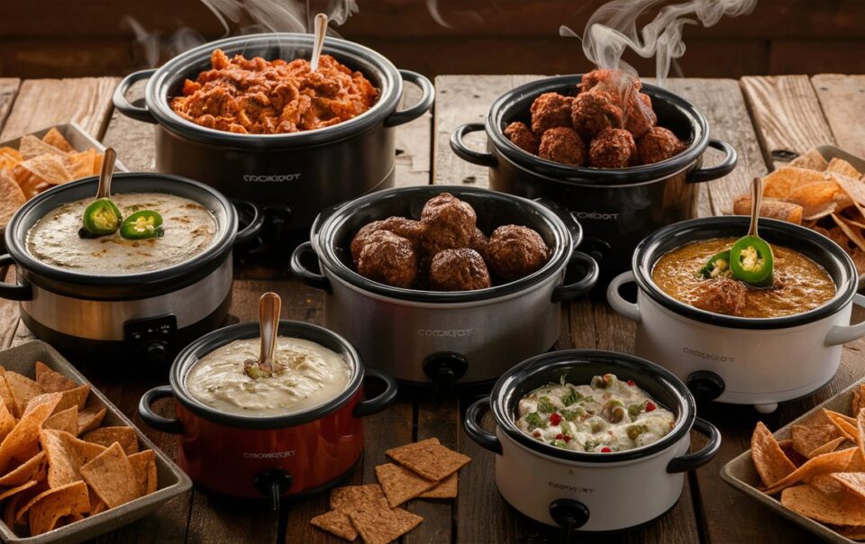 An assortment of crockpots filled with delicious appetizers.