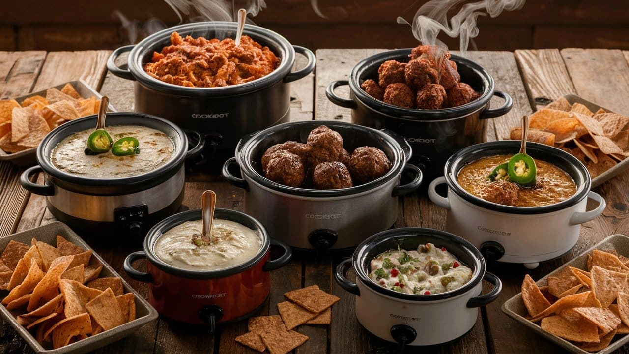 An assortment of crockpots filled with delicious appetizers.