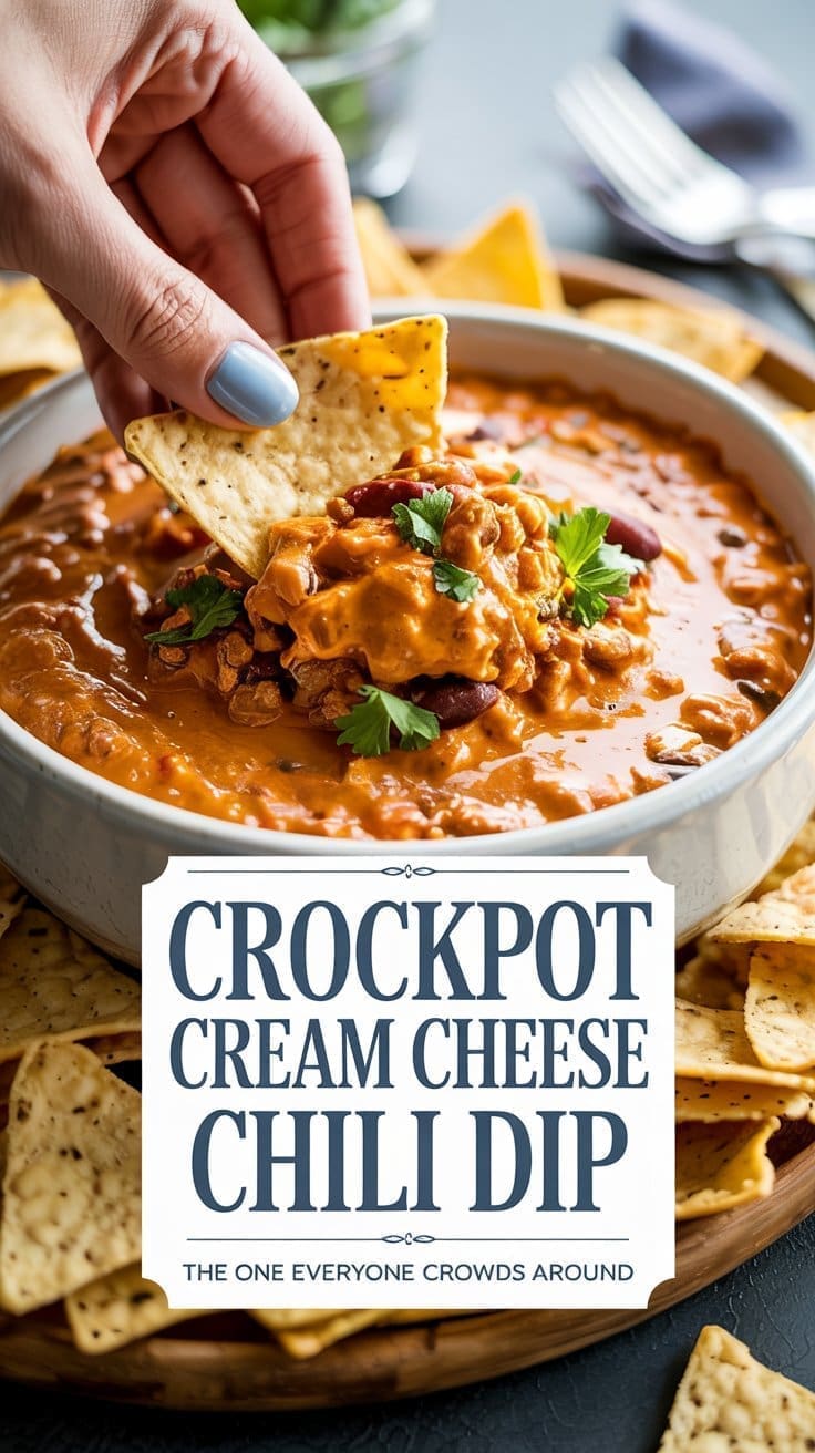 A hand dips a tortilla chip into a bowl of creamy chili dip topped with parsley, surrounded by more chips. Text on the image reads: Crockpot Cream Cheese Chili Dip—a standout from crockpot appetizer recipes everyone crowds around.