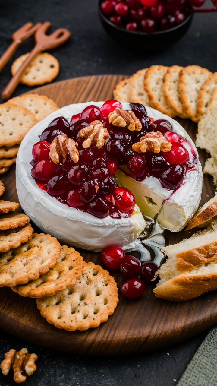 A bubbling wheel of Brie topped with glistening cranberries and walnuts, served with crackers and baguette slices on a chic wooden board.