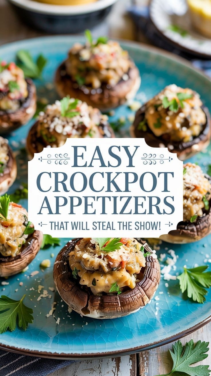 Stuffed mushrooms filled with a creamy mixture and garnished with herbs are arranged on a blue plate. Text overlay reads: Easy Crockpot Appetizer Recipes That Will Steal the Show!.