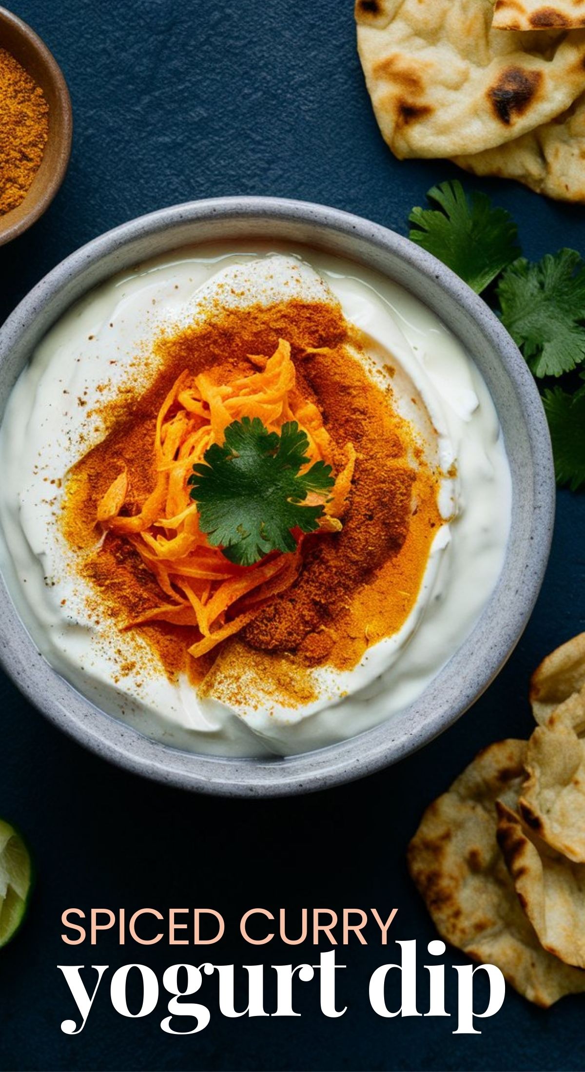 Yogurt Dip recipe spiced with curry, cucumber and carrots.