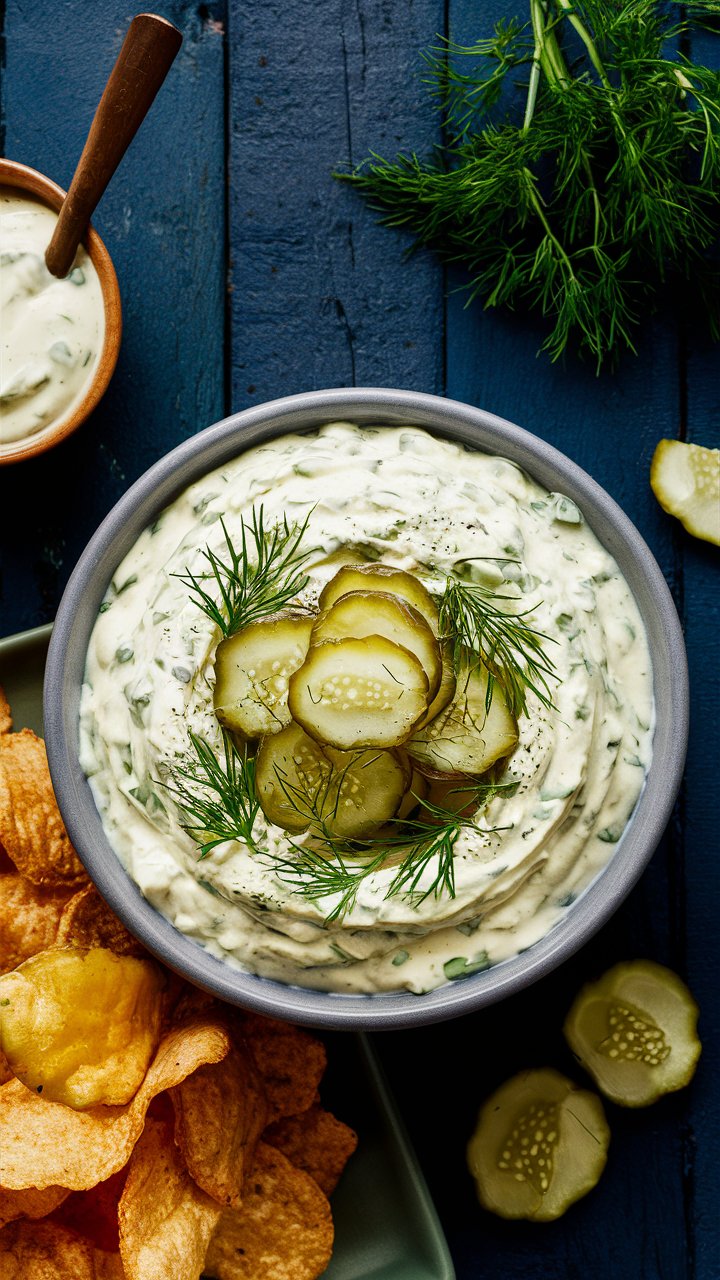 This creamy dip combines the zesty flavors of ranch dressing with tangy dill pickles. It’s perfect for pairing with chips, veggies, or crackers and comes together in minutes.

Easy chip dips, easy pickle dips. make-ahead appetizers, football food ideas, cold dip recipes