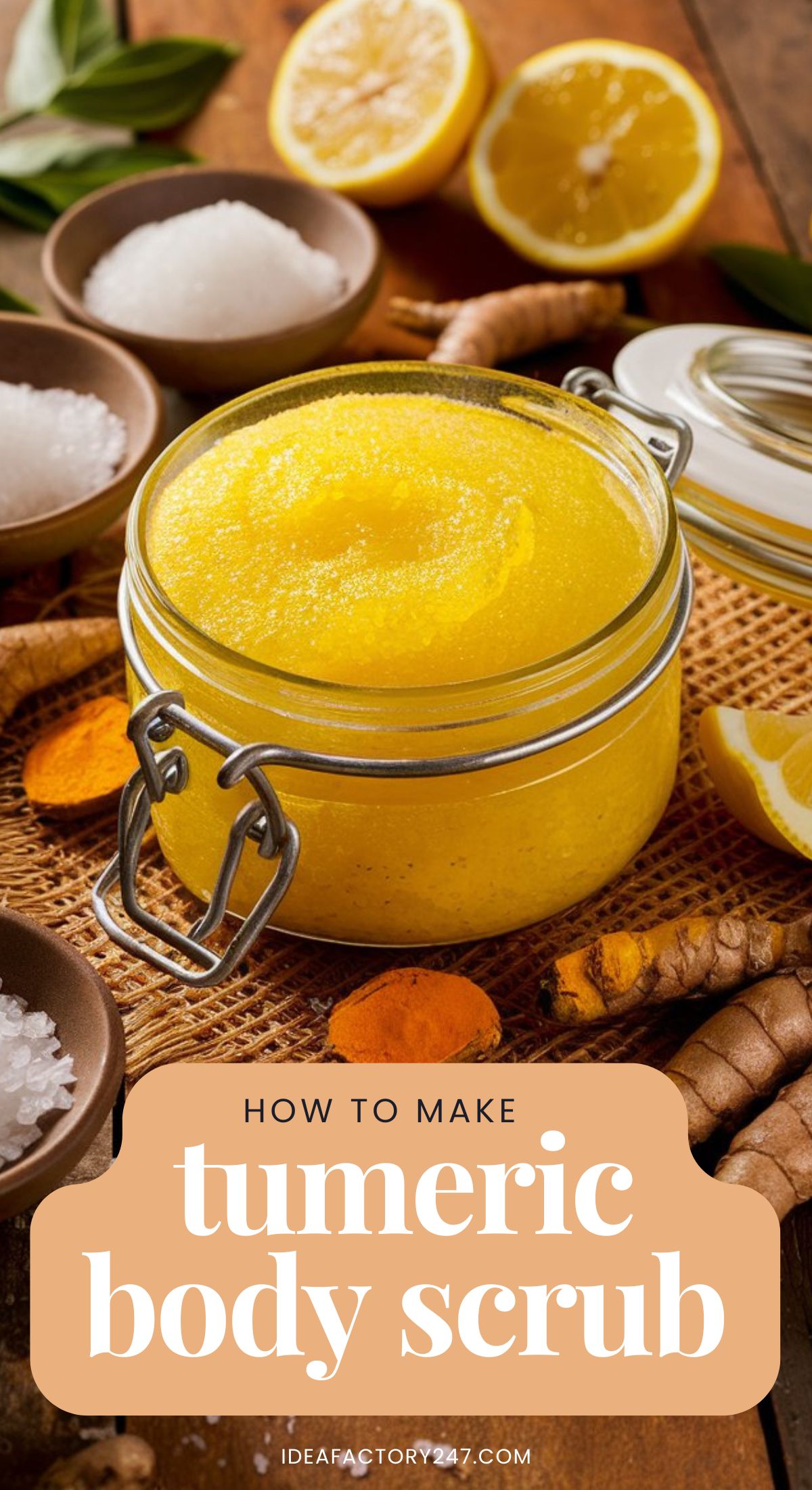 Making your own turmeric body scrub is a great way to care for your skin naturally. It uses turmeric's anti-inflammatory and brightening powers. Plus, sugar exfoliates and natural oils moisturize, giving you a spa feel at home.

DIY body scrub, tumeric, exfoliating scrub, anti-inflammatory