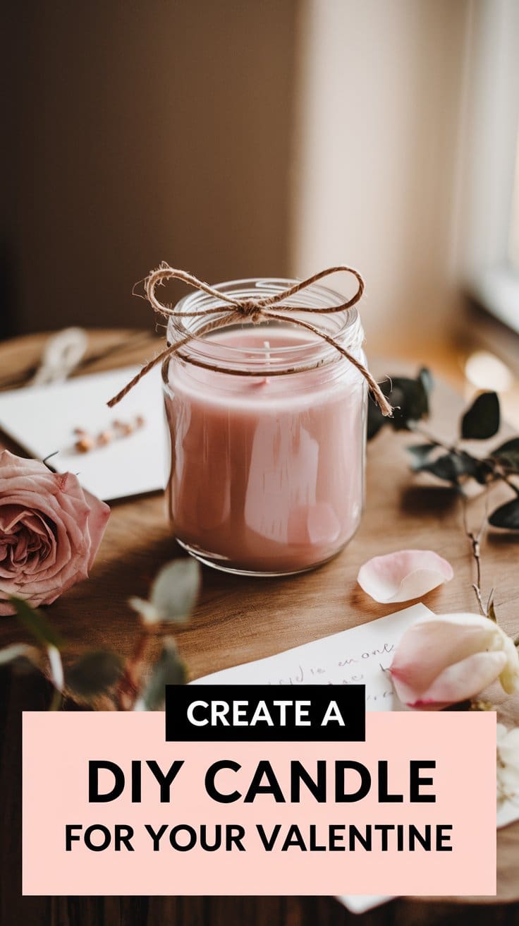 A photo of a cozy wooden tabletop with a simple glass jar candle. The candle has soft pink-tinted wax and is topped with a cotton wick, tied with a rustic twine bow. Surrounding the candle are minimalistic Valentine's Day decorations: a few rose petals, a handwritten note, and a sprig of greenery. The background is blurred, showing a warm, natural lighting. 