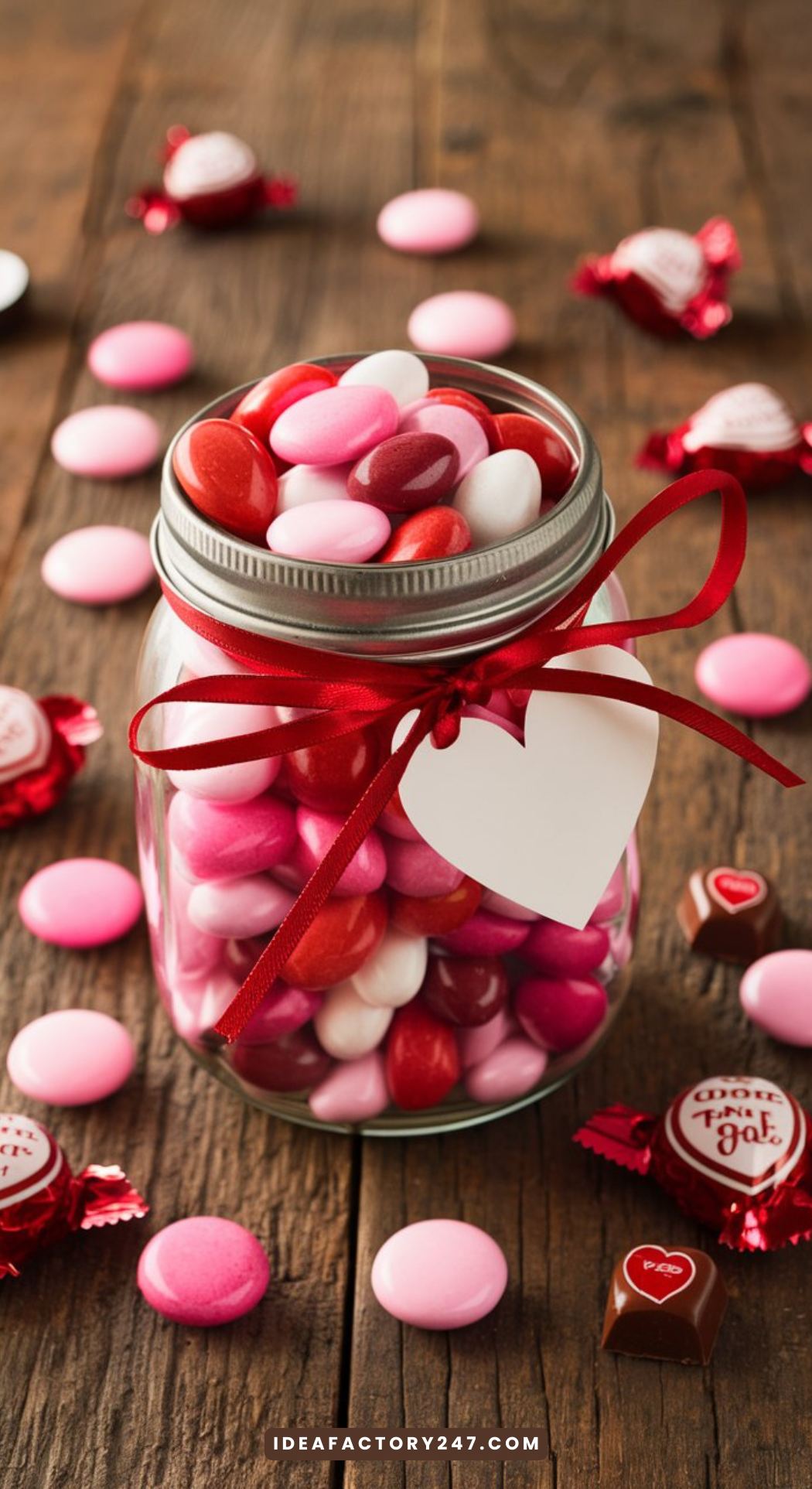 A mason jar filled with colorful Valentine’s Day candies, tied with a red ribbon and a heart-shaped tag, surrounded by scattered chocolate wrappers.