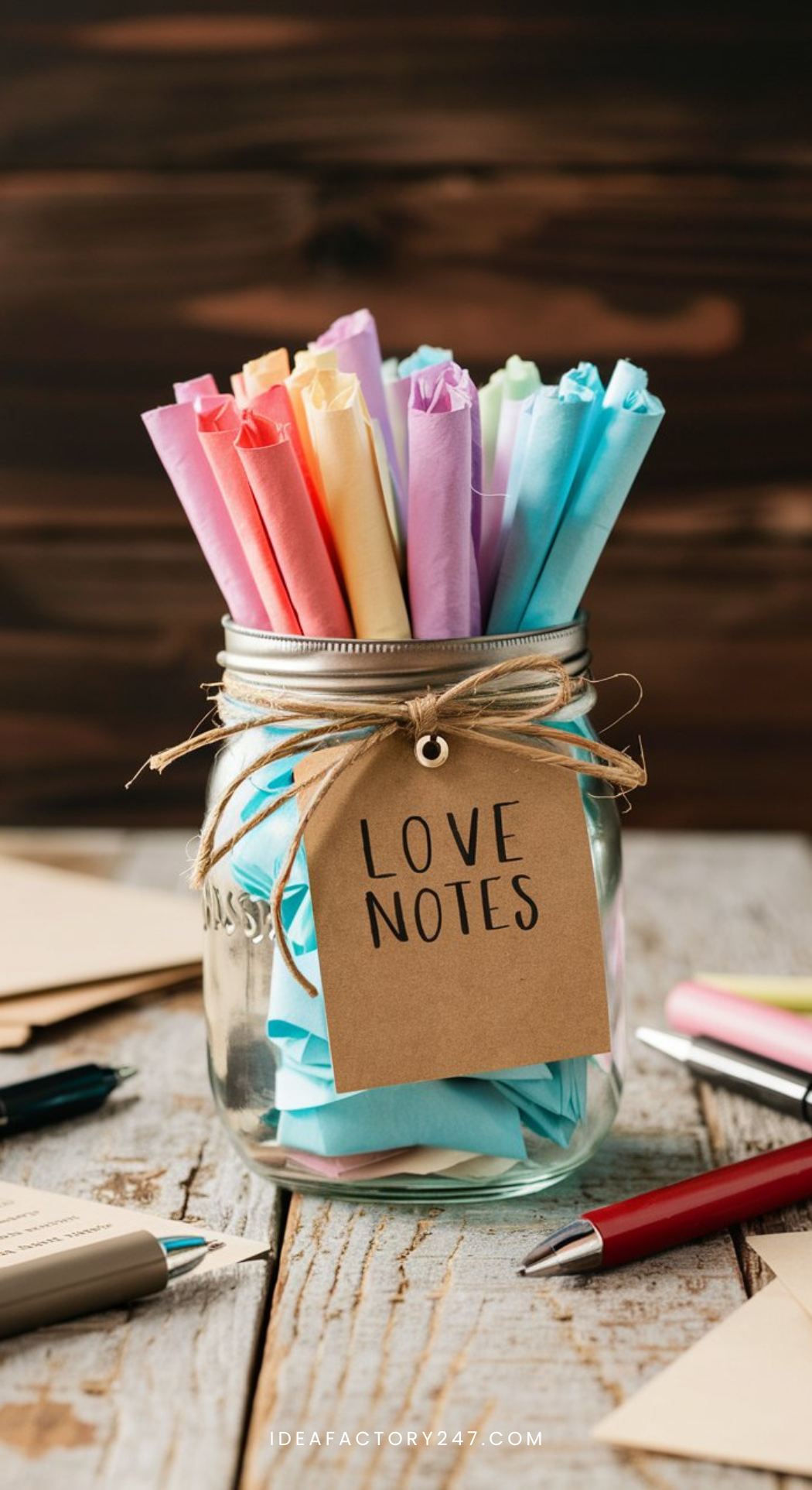  A mason jar filled with colorful folded notes, tied with a twine bow and a tag that reads “Love Notes,” sitting on a rustic wooden table with scattered pens and paper.