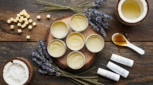 Small metal tins filled with homemade balm are arranged on a wooden surface with dried lavender, beeswax chunks, a spoon of honey, grated coconut, and lip balm tubes—ingredients perfect for any natural lip balm recipe.